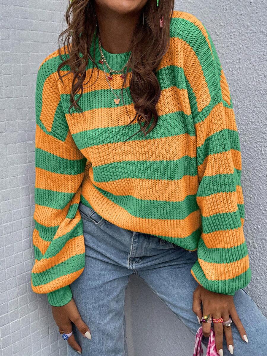 SHEIN PETITE Women's Casual Color Contrast Striped Round Neck Oversized Dropped Shoulder Long Sleeve Knit Sweater, Loose And Versatile For Autumn/Winter
