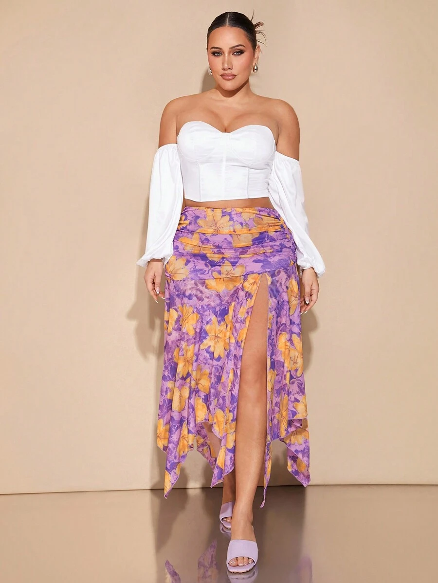SHEIN BAE Falda maxi con estampado floral asimétrico y abertura para mujer talla grande, para el verano