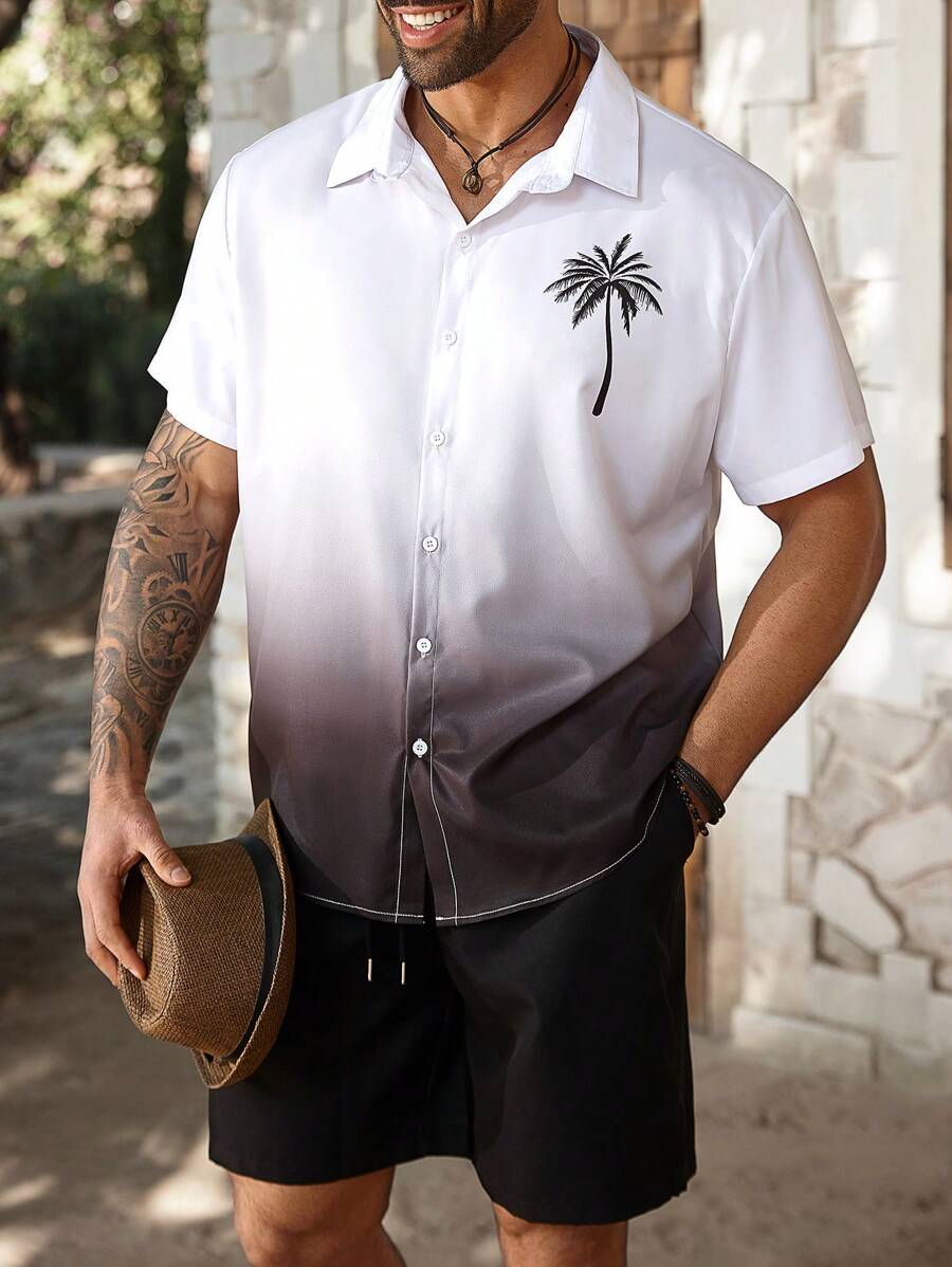 ResortEase Set da 2 pezzi di camicia a maniche corte con bottoni davanti e pantaloncini asimmetrici con stampa digitale, casual per uomo