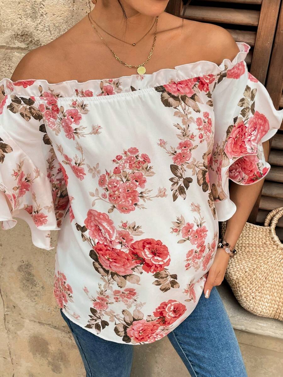 SHEIN Blusa floral para maternidad con hombros descubiertos para el Día de San Valentín