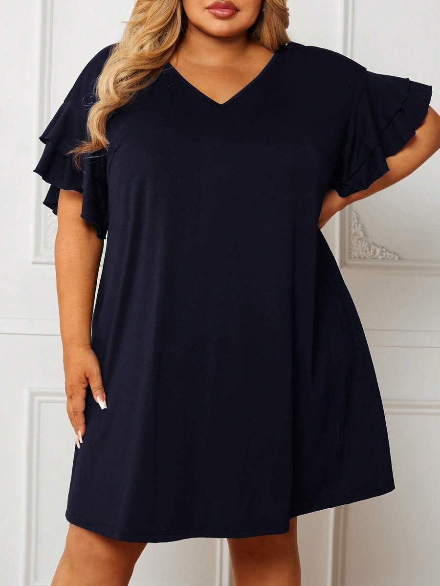 SHEIN CURVE+ Plus-Size Navy Double-Layer T-Shirt Dress With Ruffled Sleeves: Casual And Comfortable