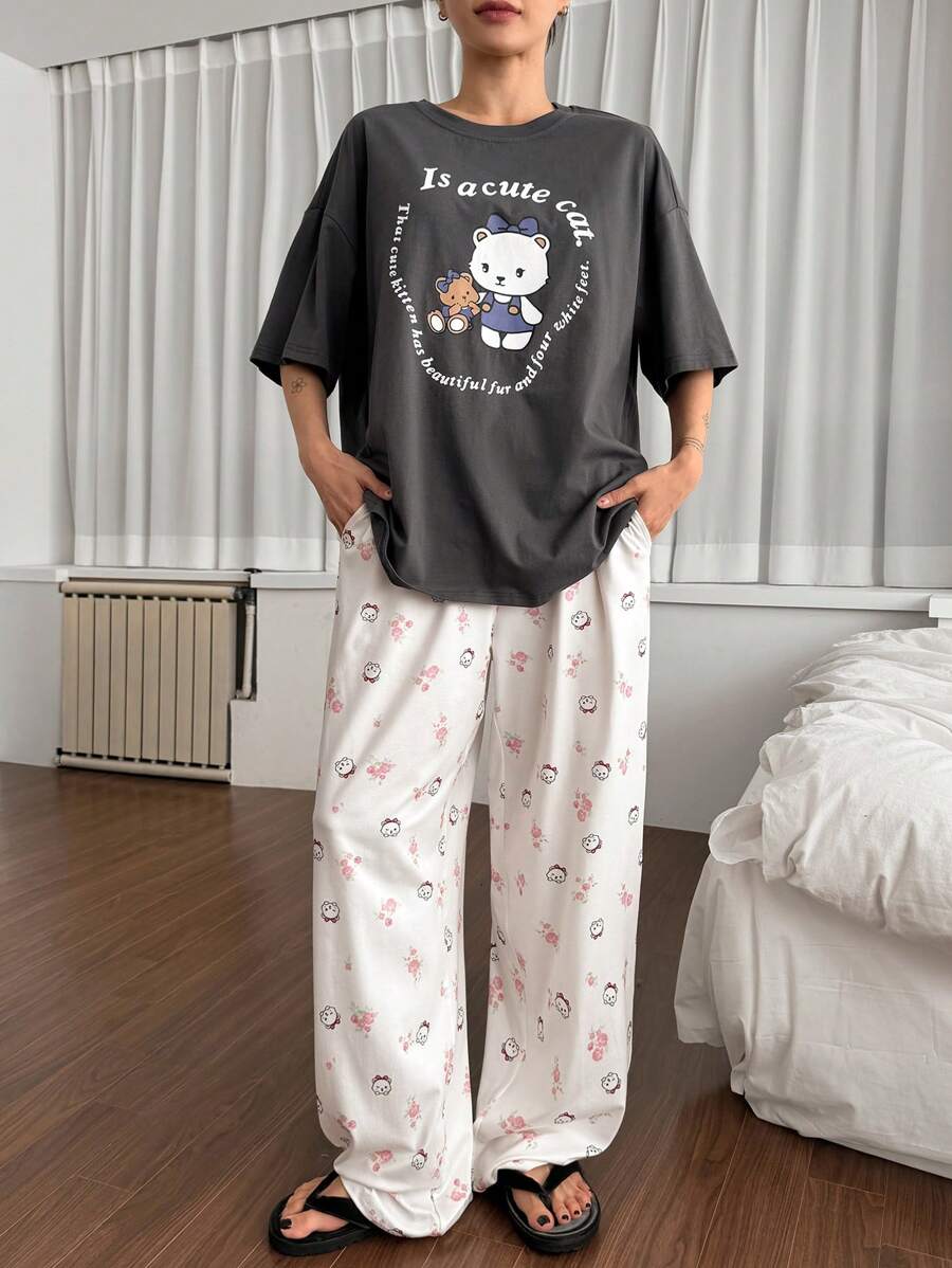 DAZY Set de 2 piezas de pijama de mujer con estampado de dibujos animados de manga corta y holgado, ropa de vuelta al colegio