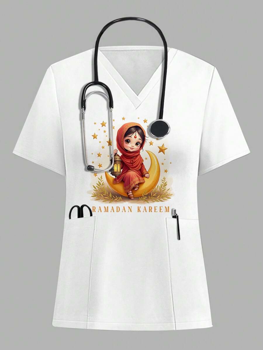 PopScrub Vrouwen V-hals korte mouw dubbele zak top met meisje met lantaarn, ster, maan, ramadan, verpleegster scrub uniform top print