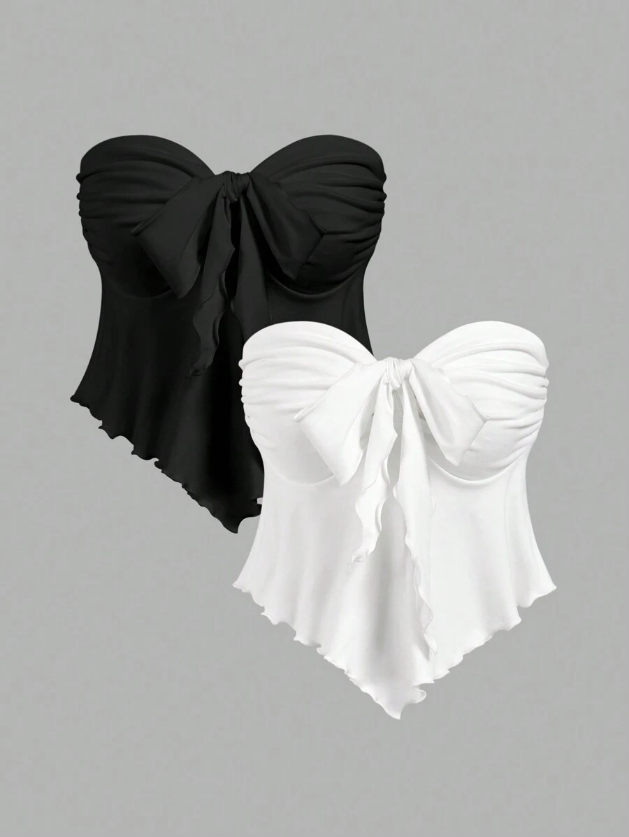SHEIN MOD 2pcs Women Bandeau Crop Top With Pointed Hem And Bow Tie Neckline,Beach Outfits For Woman,Going Out Tops Women,Off The Shoulder Top Suitable For Going Out