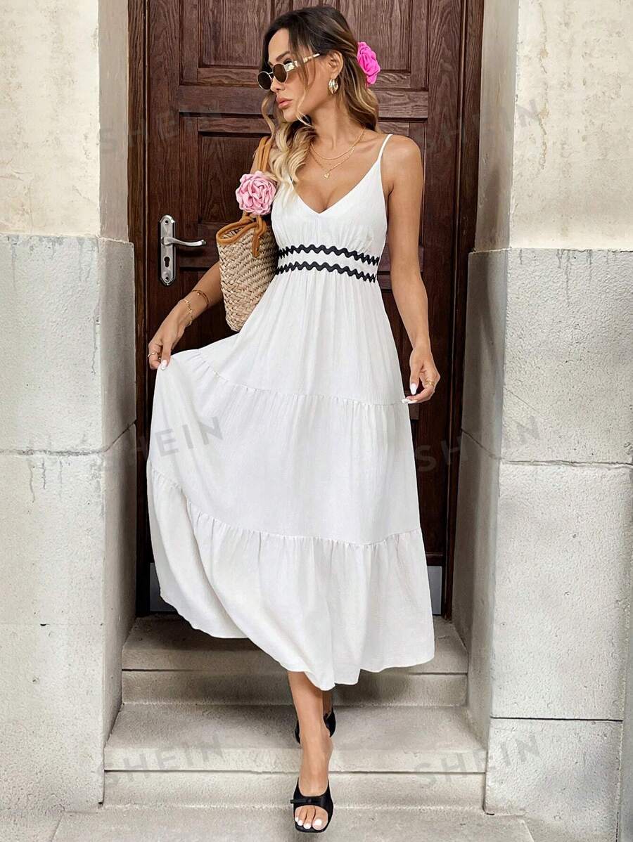 Chiquease Vestido casual de tirantes finos de unicolor y parches minimalista y largo para mujer