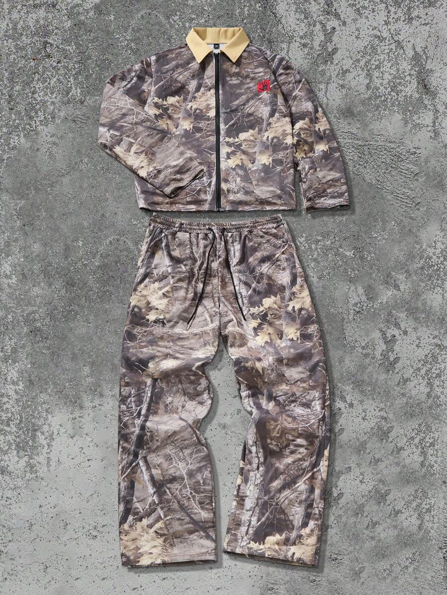 Manfinity RSRT Plus Size Men's Leaf Print Long Sleeve Front Zip Shirt And Pants Set