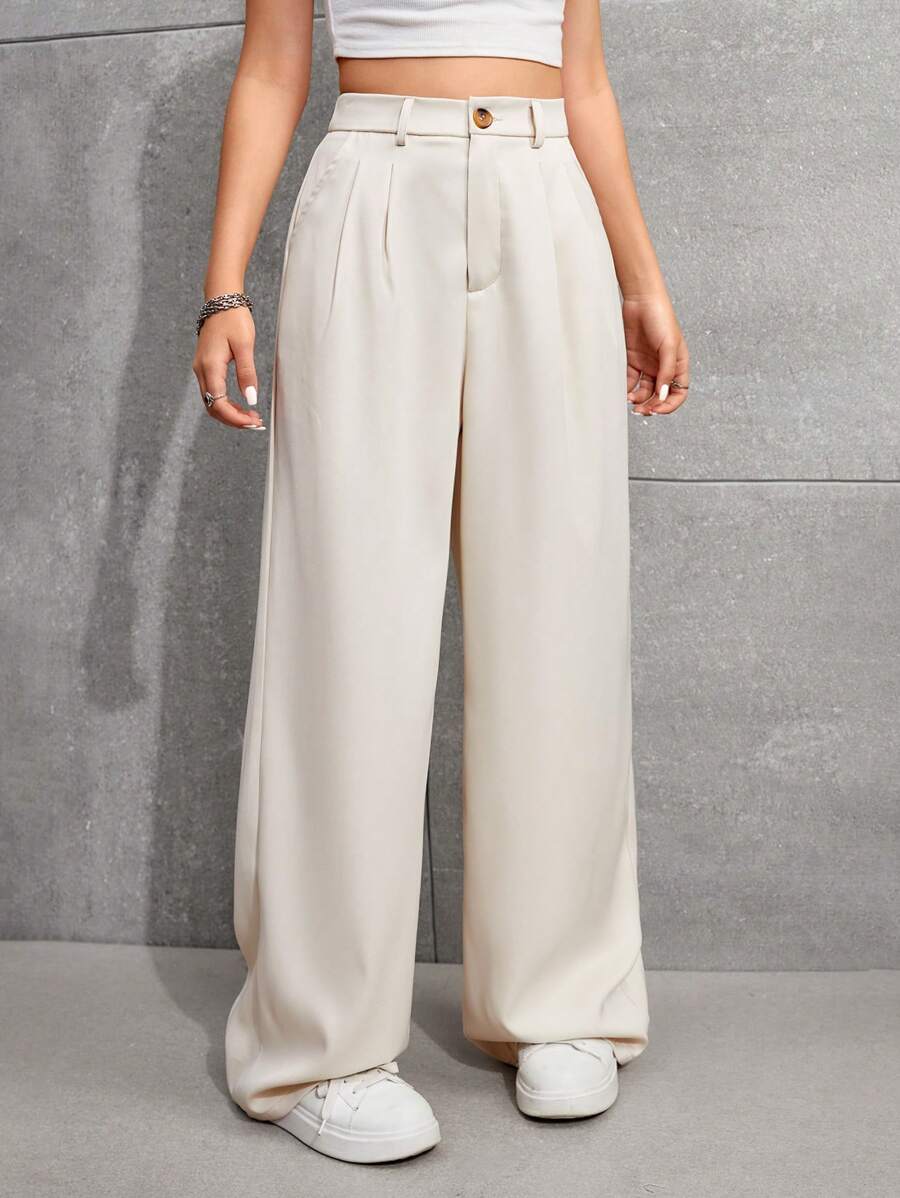 SHEIN Teen Girl Woven Solid Color Twill Wide Leg Pants With Slant Pockets