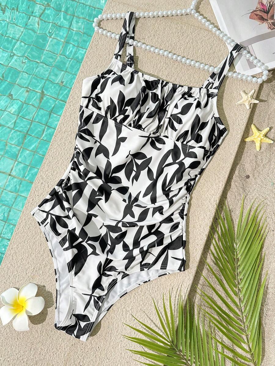 SHEIN VCAY Women's Spaghetti Straps Allover Allover Print Slim-Fit One Piece Swimsuit For Summer Beach Vacation, Summer Clothes, Valentine's Day, Vacation Outfits Woman, Beach Outfits For Woman, Festival, Romantic, Bohemian, BOHO, Sweet, Rave Outfits Festival, Tropical Vacation Woman Clothes, Carnaval