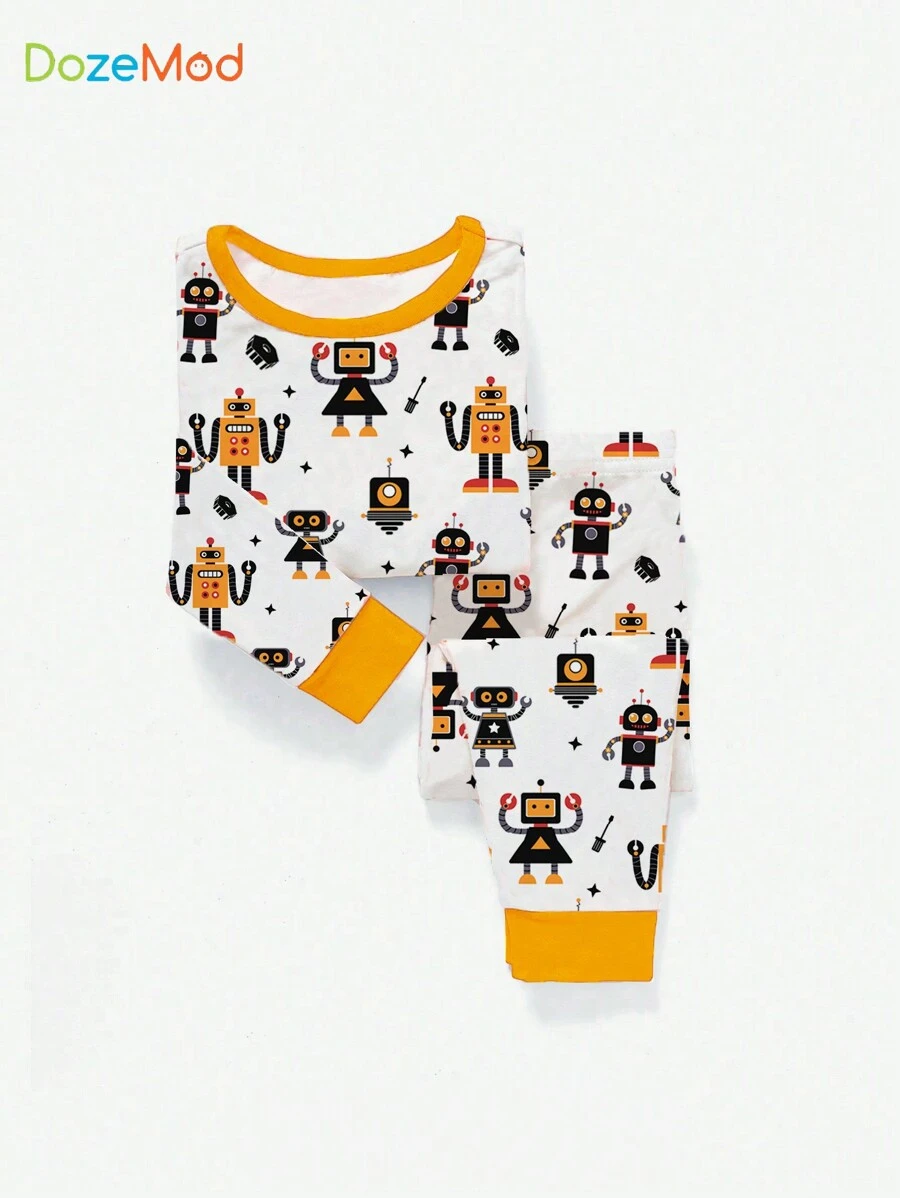 Boys' Casual Cute Robot Print Tight-Fitting Round Neck Long Sleeve Pajama Set, Autumn/Winter