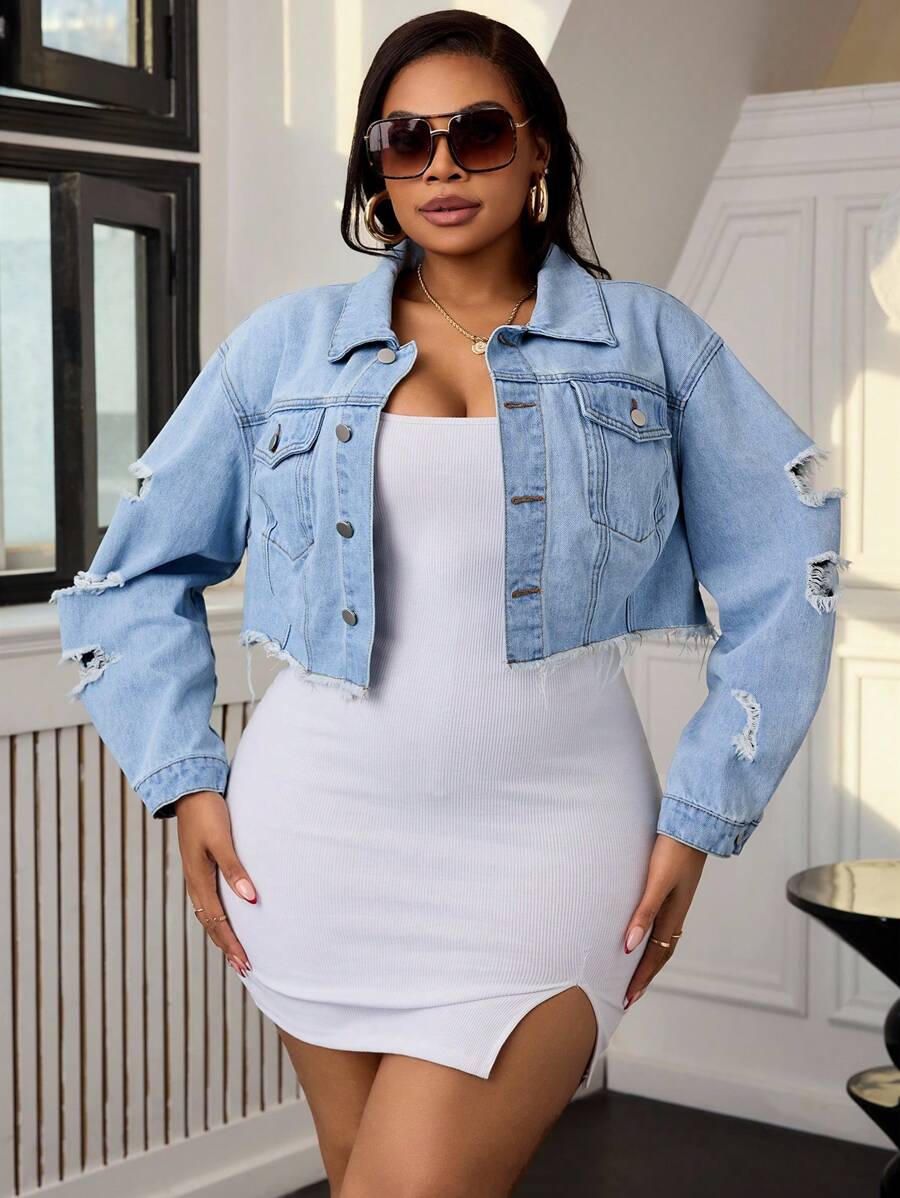 SHEIN SXY Plus Size Effen Kleur Knoop Voorkant Ruwe Zoom Versleten Casual Denim Jas Met Lange Mouwen