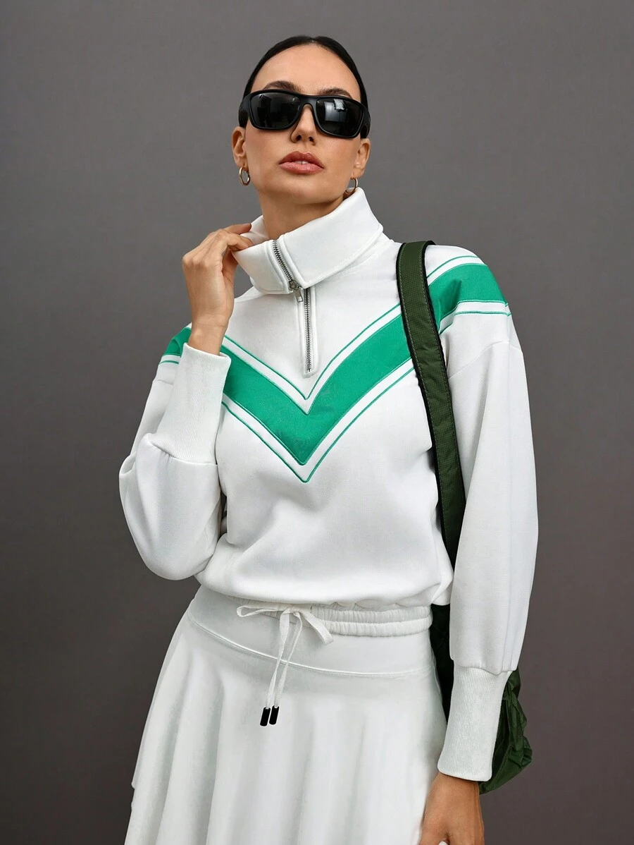 Activina Activina Women Solid Color Splice Front Zipper Long Sleeve Casual Sports Sweatshirt