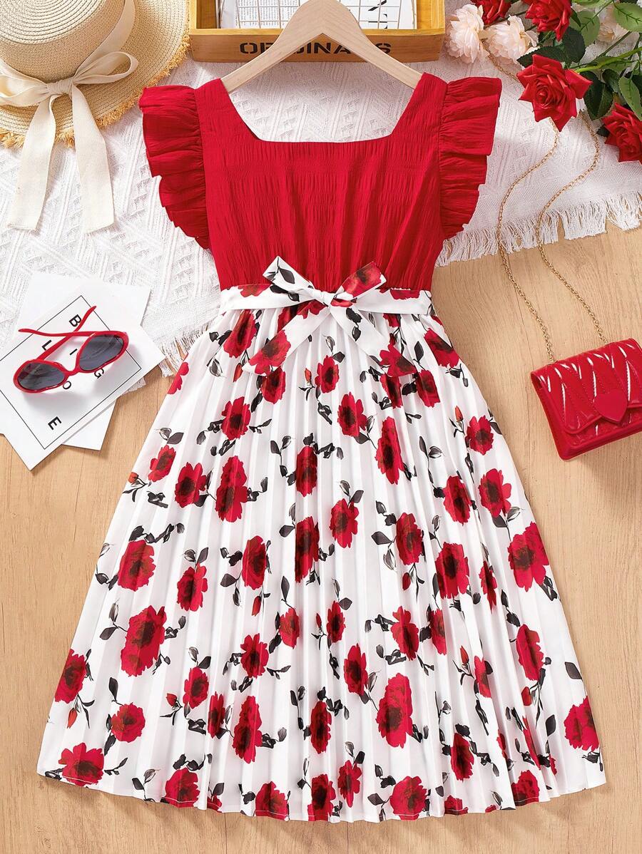 SHEIN Tween Girls Solid Square Neck Patchwork Ditsy Floral Short Sleeve A-Line Dress, Princess Party Dress, Suitable For Graduation Dance, Birthday Party