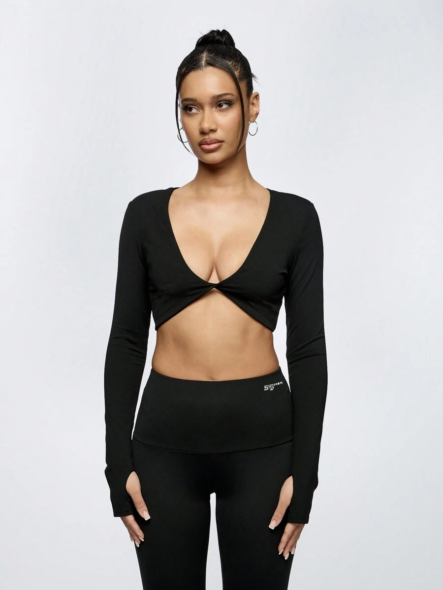 SUMWON WOMEN Top corto atlético de manga larga con nudo delantero, prenda deportiva para ejercicio, gimnasio, danza, yoga, actividad física, con tela elástica y de secado rápido, sujetador deportivo para entrenamiento y