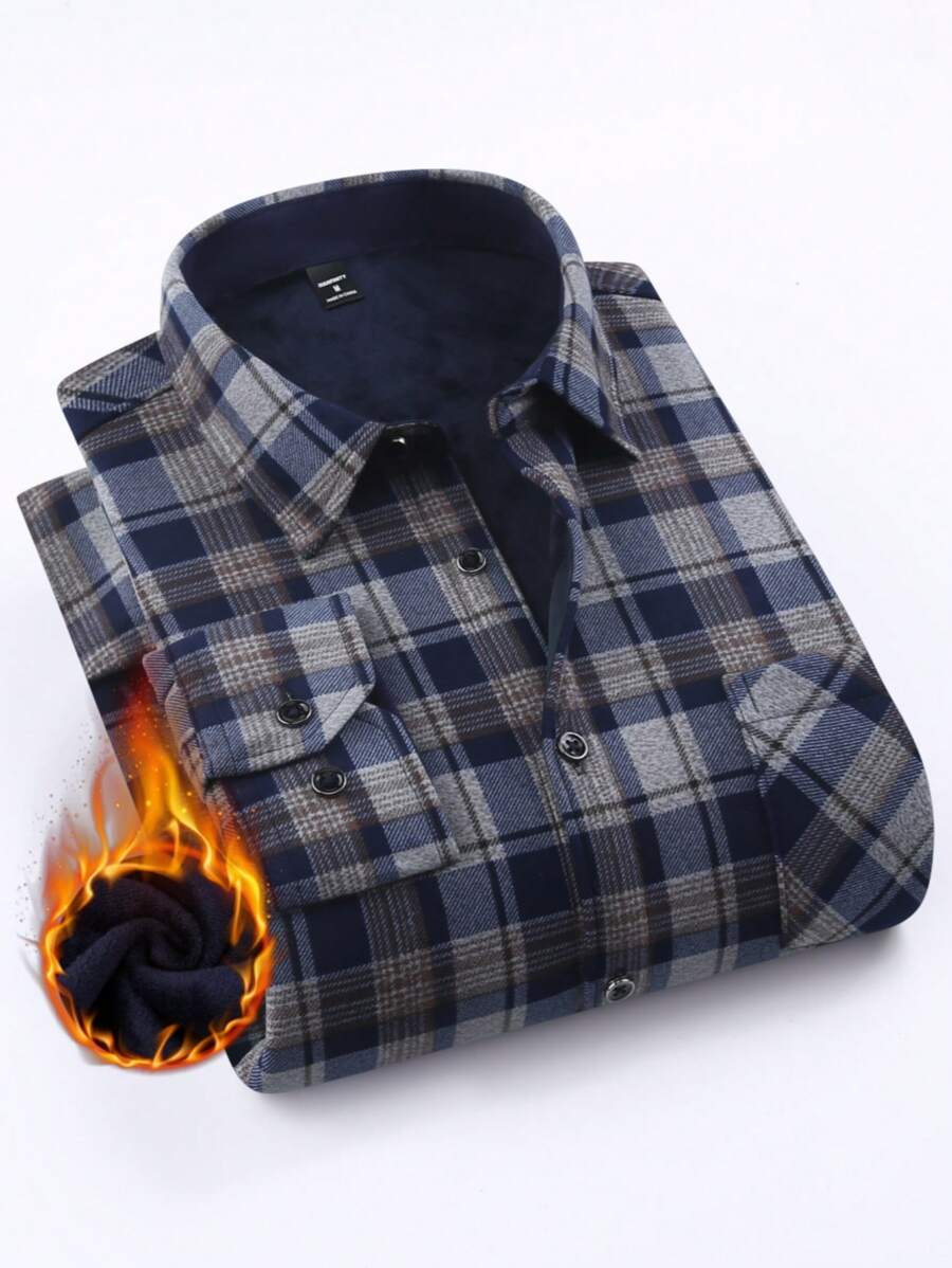 Manfinity Mode Camisa casual de manga larga con un solo abotonado y forrada térmicamente de unicolor para hombre, apta para otoño/invierno