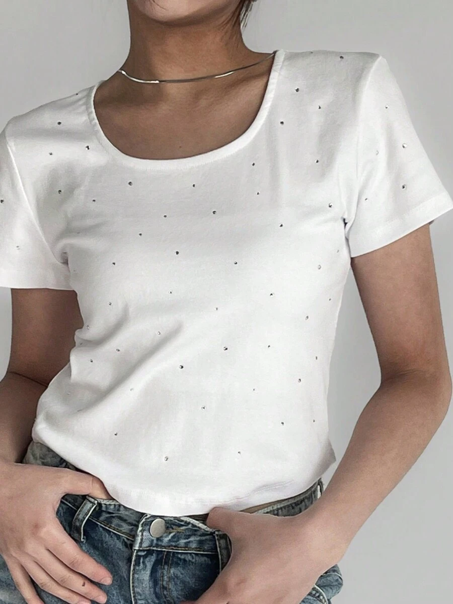 DAZY 1pc Women Rhinestone Decor Round Neck Fitted Short Sleeve White T-Shirt, Spring/Summer