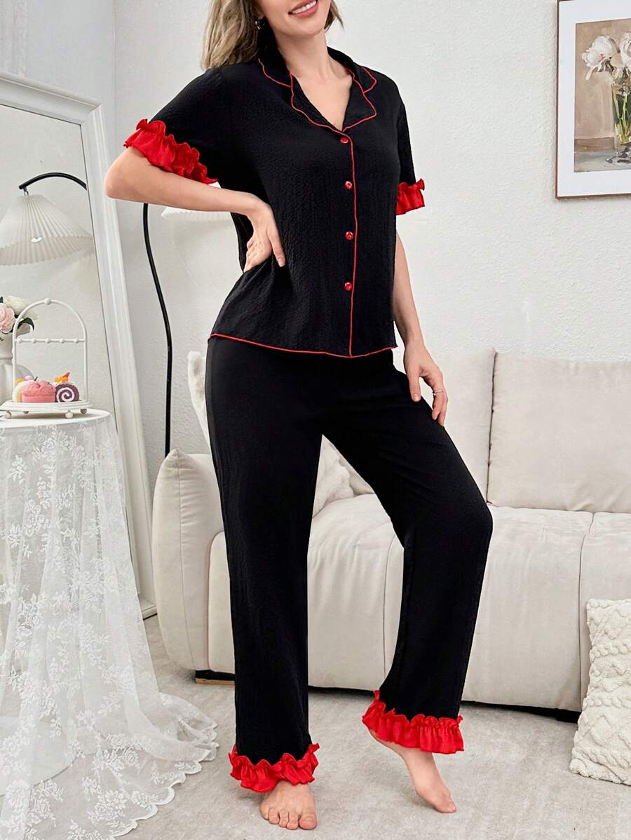 Lapel Color Block Single-Breasted Women Short Sleeve Top And Pants Pajama Set