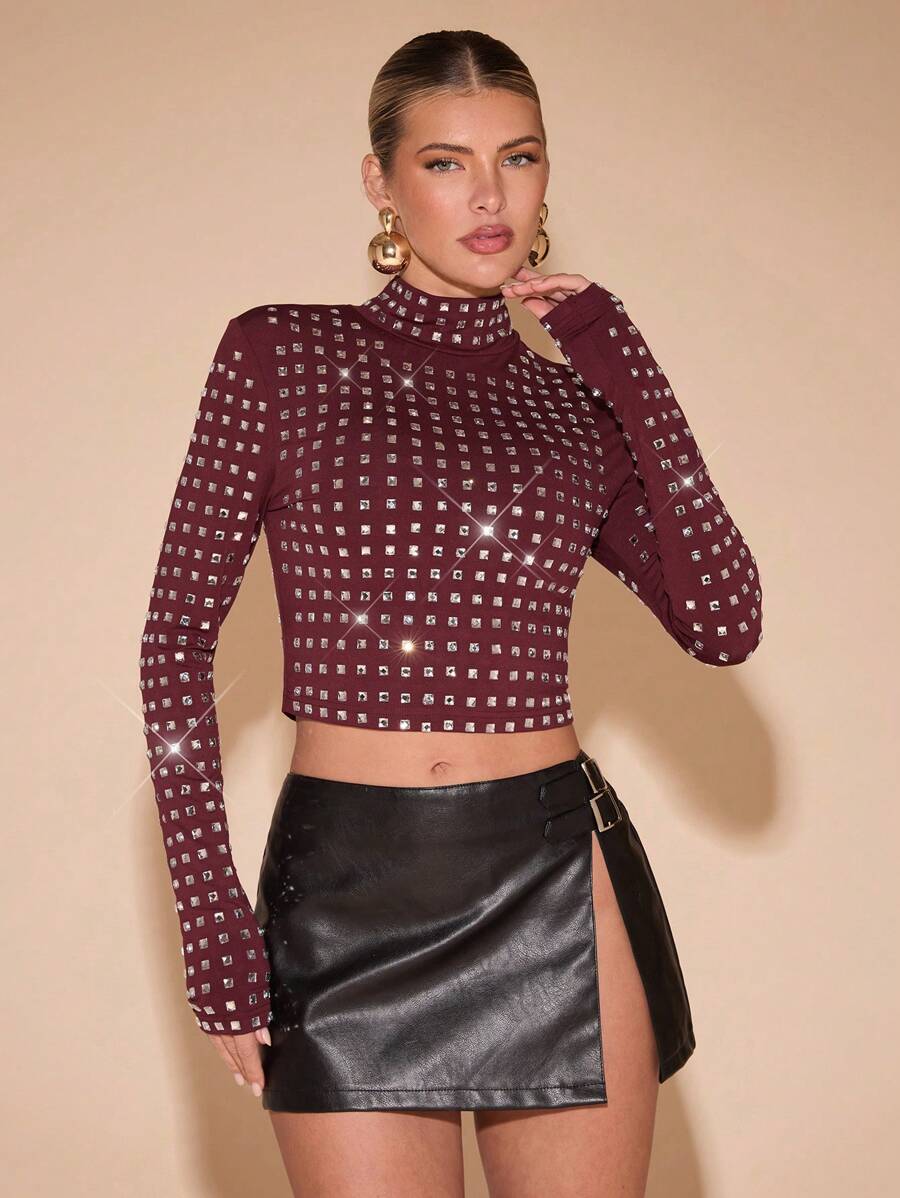 SHEIN BAE Women's Fashion Rhinestone Decor Stand Collar Cropped T-Shirt