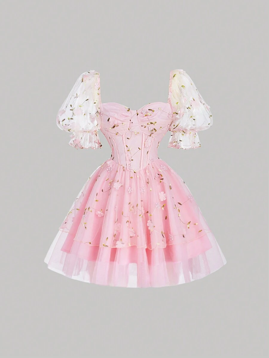 SHEIN MOD Pink Gorgeous Fantasy Three-Dimensional Flower Mesh Embroidery Cake Dress, Brunch Dress, Date Dress, Party Dress, Festival Dress, Birthday Dress, Tutu Dress,Valentine's Day,Kawaii Clothes,Spring Dress