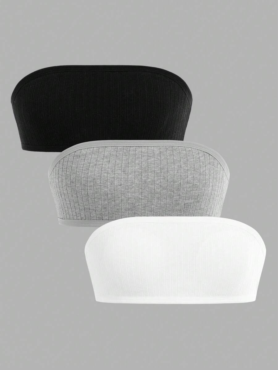 Conjunto de 3 piezas de blusas de tubo sencillas en negro, blanco y gris con almohadillas para el pecho y diseño antideslizante para niñas preadolescentes