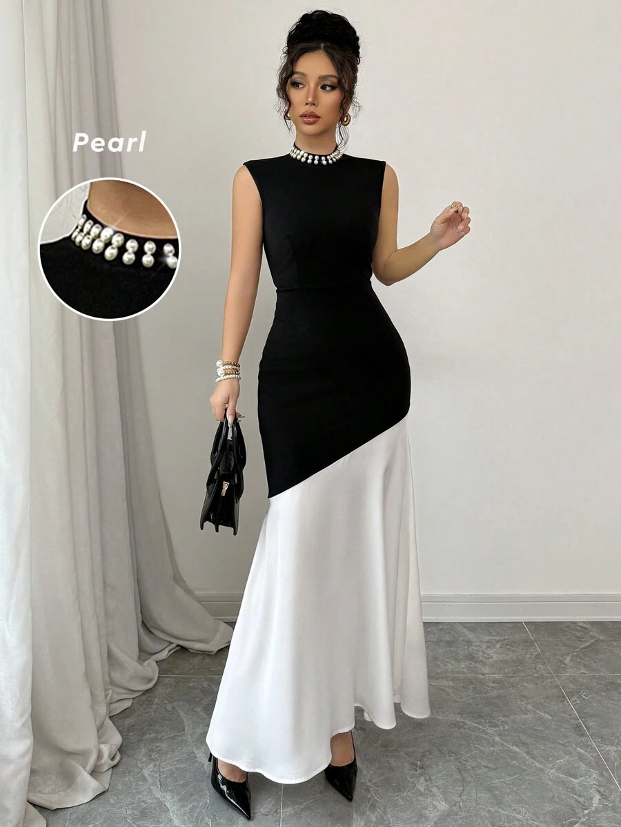 Elenzga Vestido entallado de estilo francés sin mangas de sirena con patchwork para mujeres