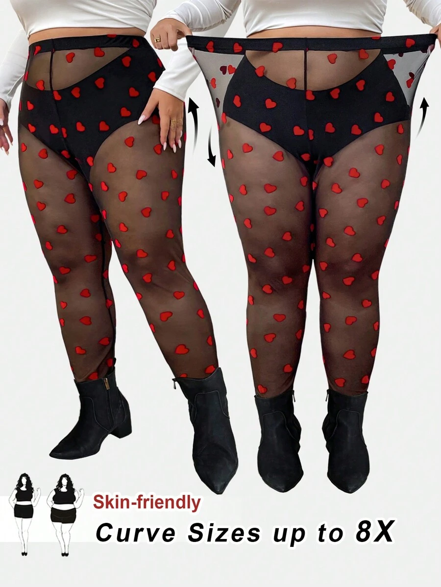 SHEIN CURVE+ Plus Size Women's See Through Heart-Shaped Pattern Tight Leggings, Sexy Valentine's Day Style, Suitable For Dating