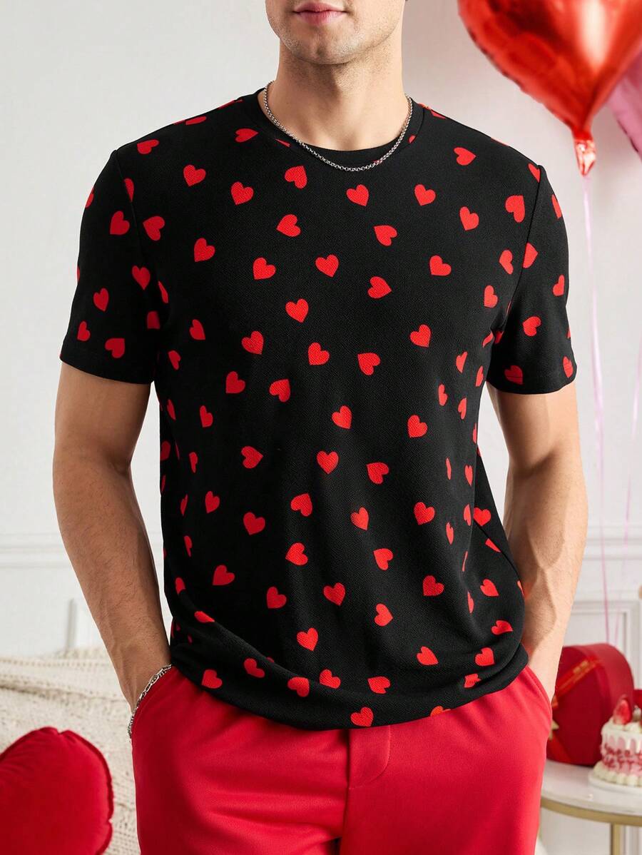 Manfinity VCAY Camiseta casual de cuello polo de manga corta ajustada para hombre Manfinity Modomio, adecuada para uso diario y parejas, regalo de San Valentín, pijamas de San Valentín, conjuntos a juego de parejas, ropa de San Valentín