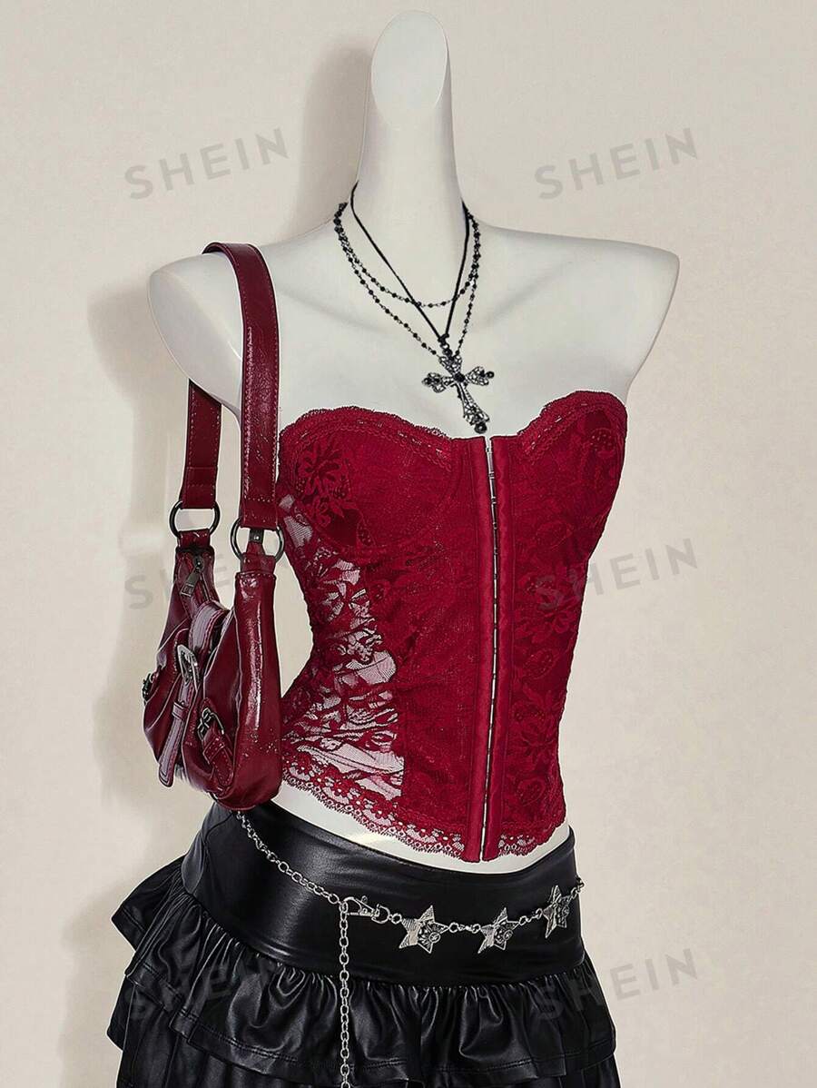 SHEIN ICON Sujetador bandeau sexy de encaje de contraste, color rojo