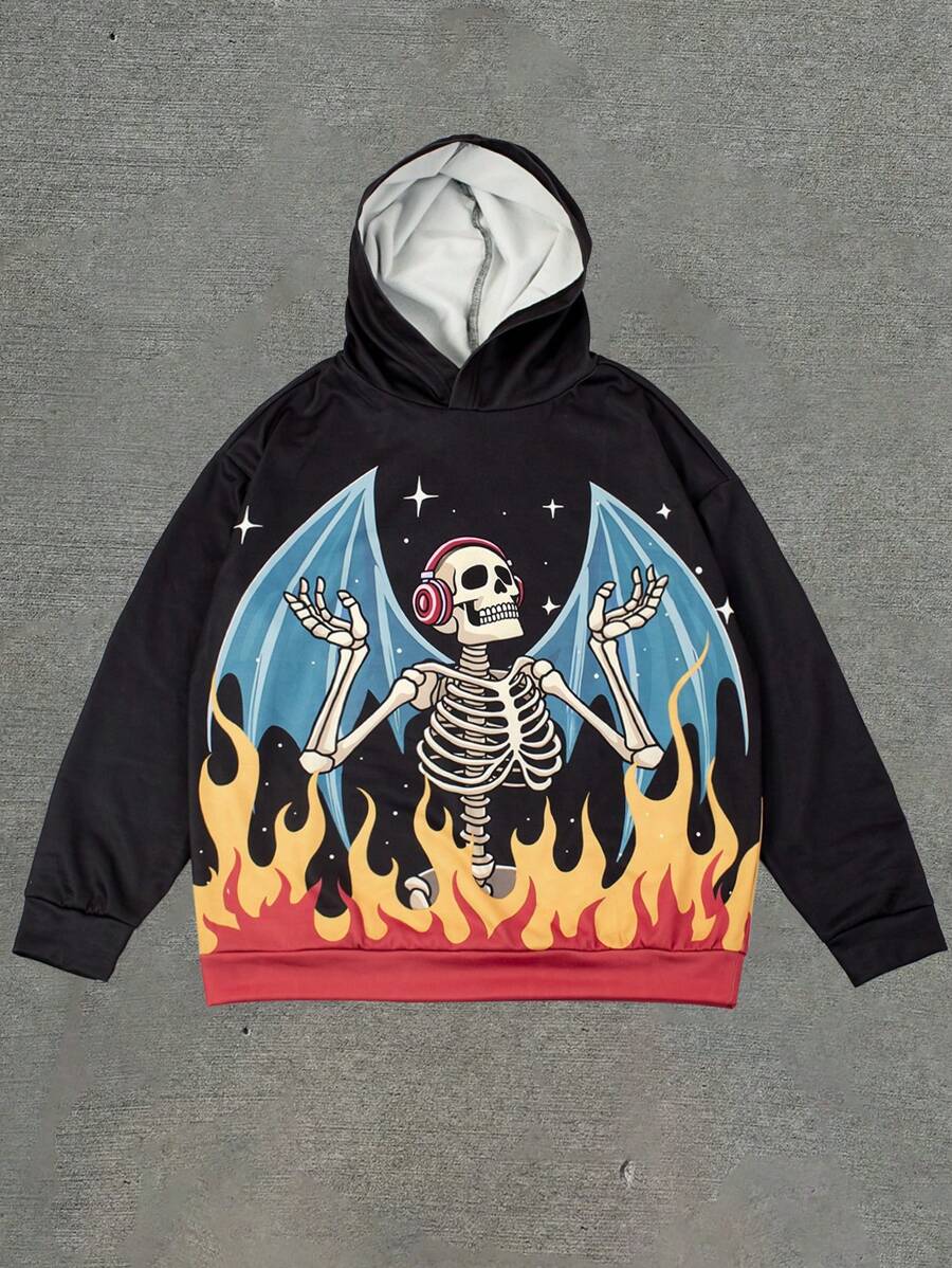 Sudadera con capucha para hombre con estampado de calavera y llamas de color contrastante
