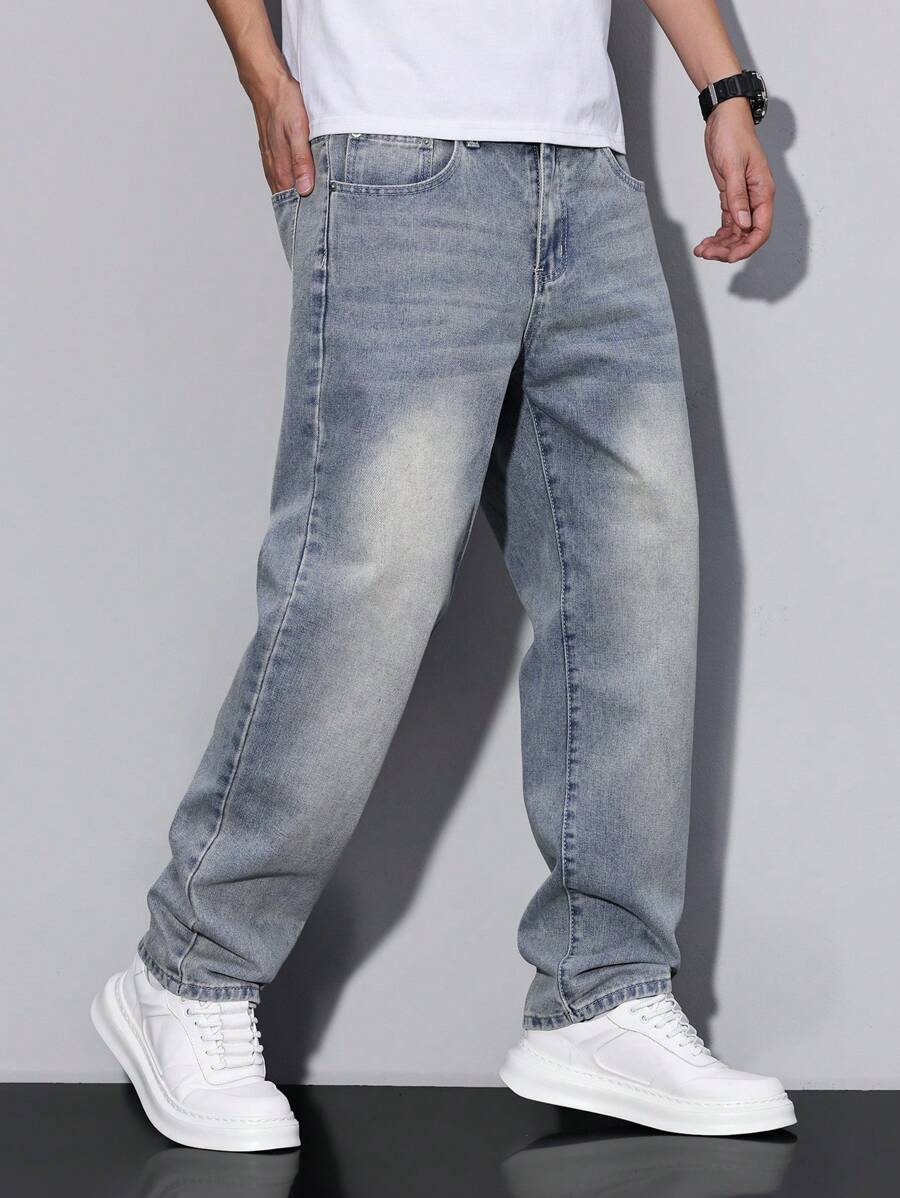 RivetRise Jeans casuales de corte recto y holgado con bolsillos, versátiles para hombres