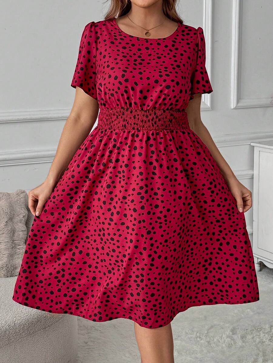 SHEIN LUNE Plus Size Women Spring Short Sleeve Floral Print Belted Casual Dress For Summer