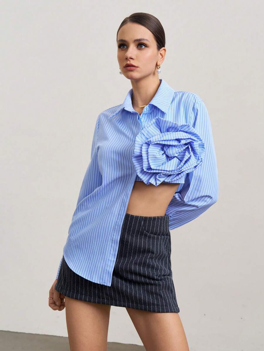 SURIMA Women Striped Long Sleeve Casual Shirt With 3D Floral Decor Single Button, Autumn