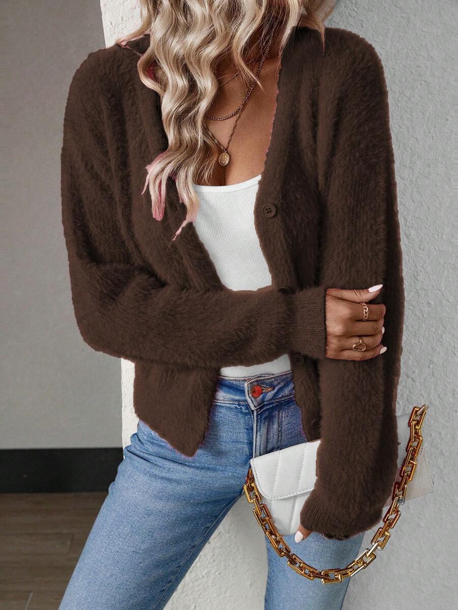 SHEIN LUNE Cardigan court en fausse fourrure marron de couleur unie, style casual pour l'automne et l'hiver