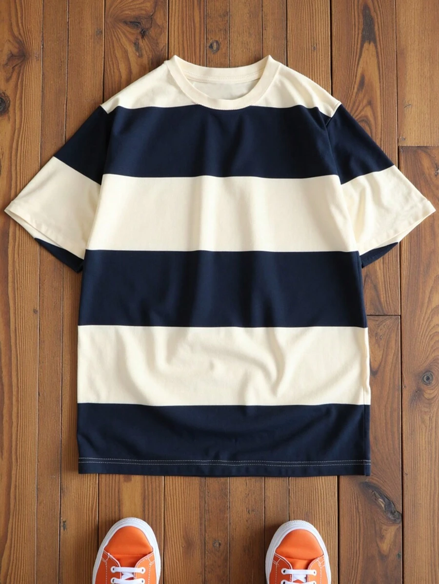 SWAVVY Camiseta de manga corta, de cuello redondo, de color block y rayas, casual, para hombre, para verano, para la escuela
