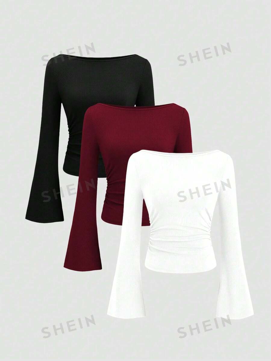 Sweetra Camiseta de mujer casual de unicolor con cuello barco y mangas de campana, para otoño