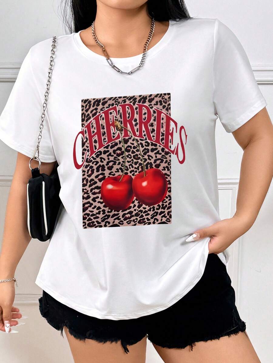 Calvaya Plus Size Dames Ronde Hals Korte Mouw Kersenprint Casual T-shirt Grafische Cheetah Print Tees Dames Tops, Voor De Zomer