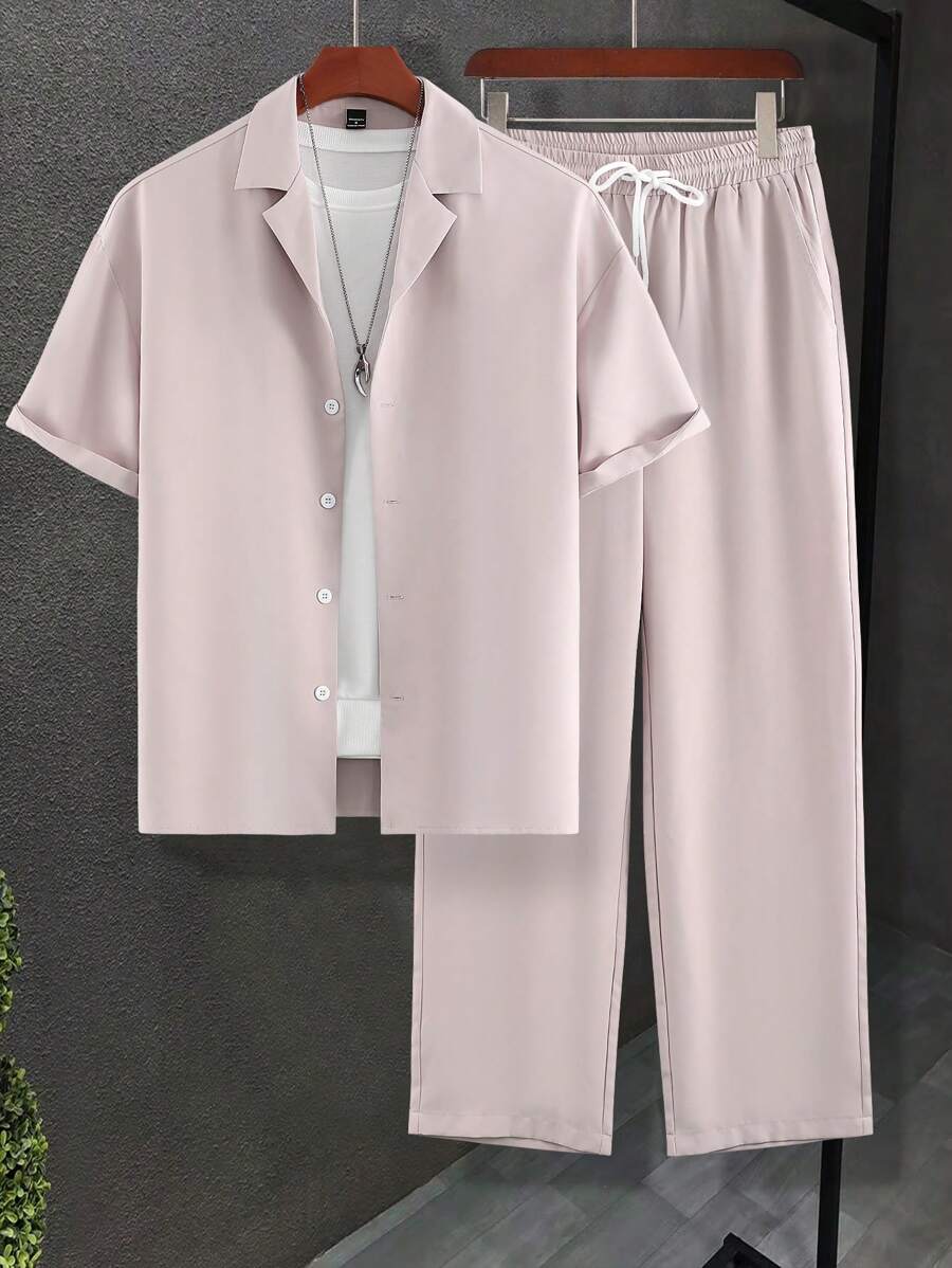 Manfinity Homme Loose Fit Men Solid Lapel Neck Shirt & Pants Set