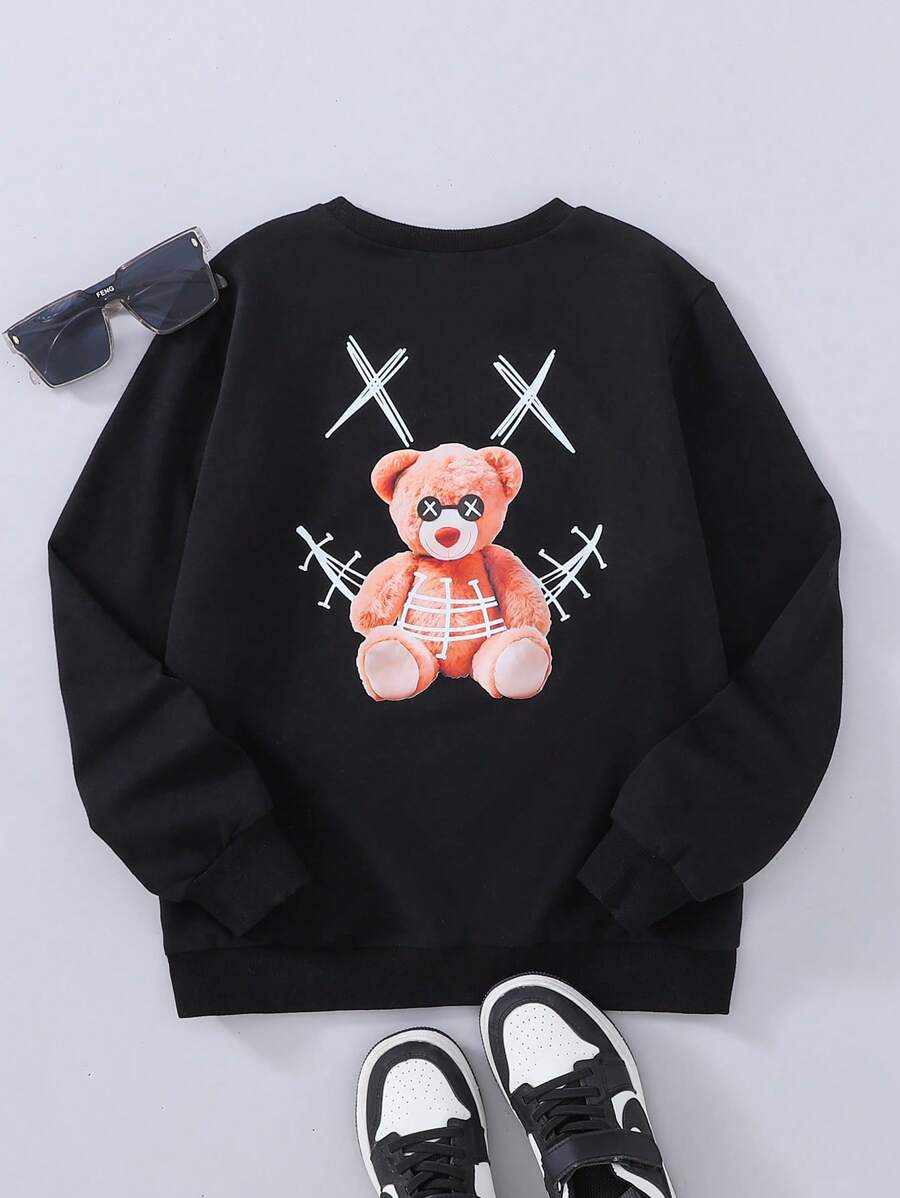 SHEIN Oversized Tween Boy Casual Bear Print Crew Neck Long Sleeve Sweatshirt, lichtgewicht, herfst/lente
