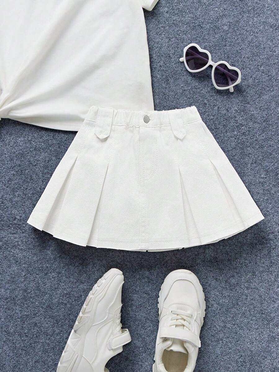 SHEIN Falda de mezclilla plisada y plegada para niña, falda boho bonita para primavera y verano