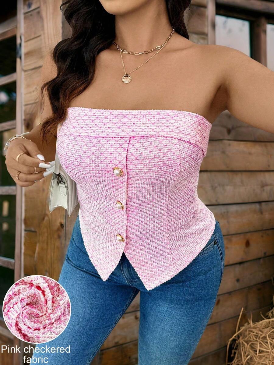 SHEIN Essnce Plus Size Women's Jacquard Knit Patterned Bandeau Top, "Valentine's Pink Lover" For Summer