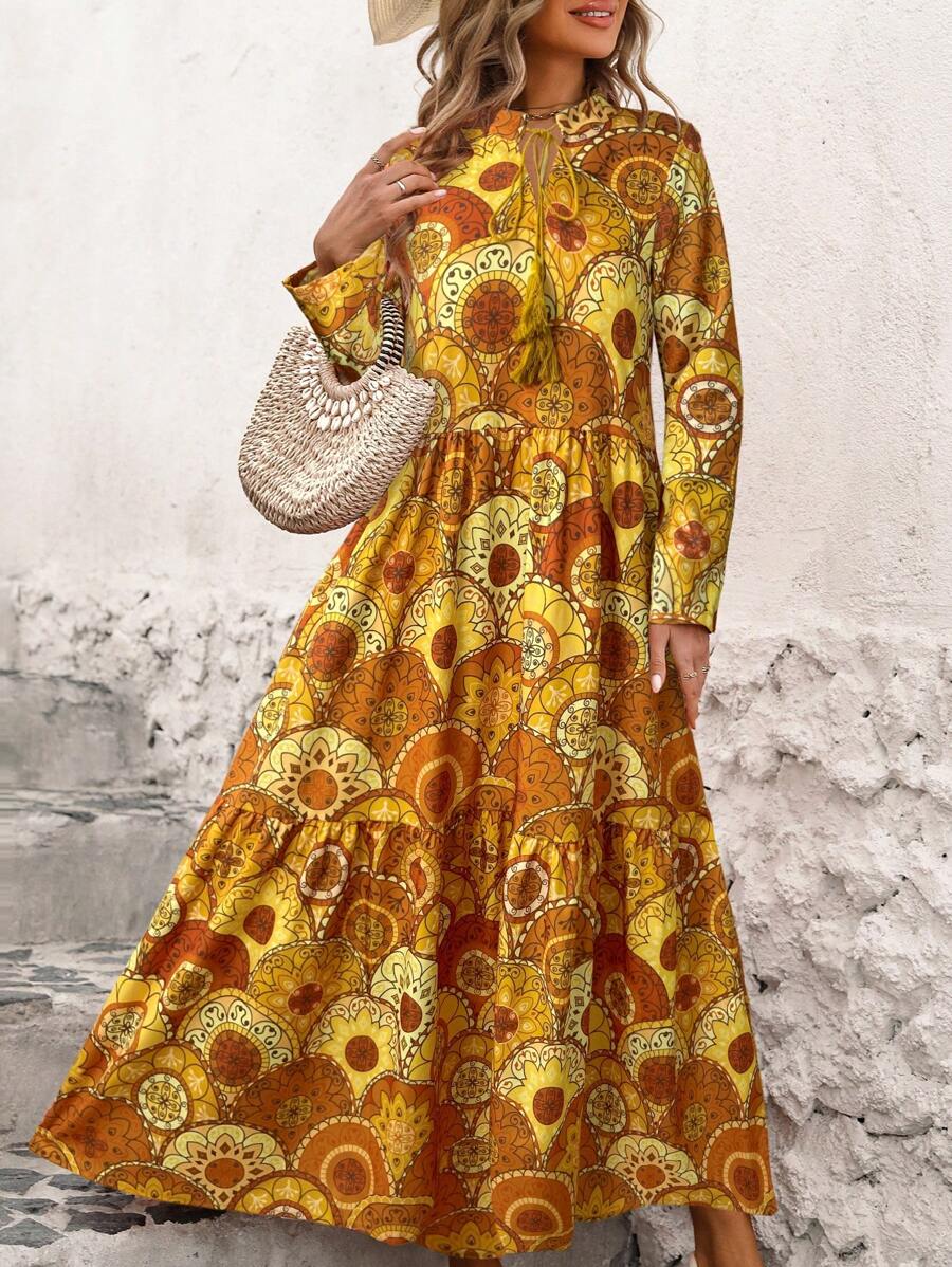SHEIN LUNE Tie-Front Neck Loose Fit Printed Dress Maxi Women Outfit