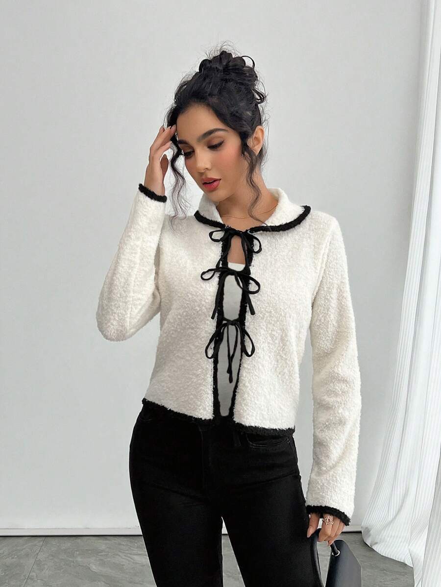 SHEIN Privé Women's New Apricot Crash Black Trim, Front Tie Lapel Long Sleeve Sweater Cardigan, Loop Yarn Sweater Cardigan, Apricot Sweater Cardigan