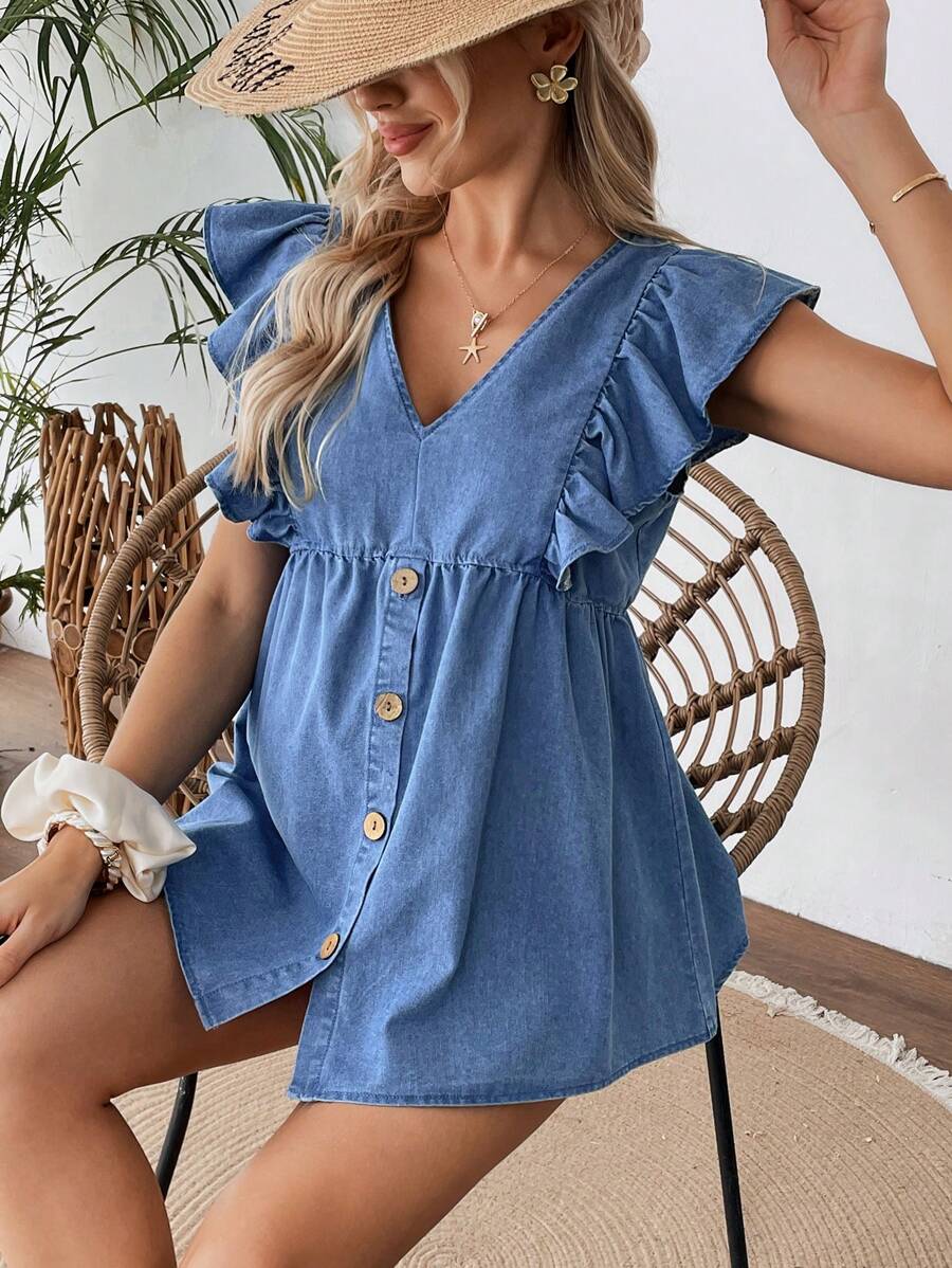 SHEIN Pregnant Women Blue Denim V-Neck Ruffle Cap Sleeve Top,Blue,Suitable For Parties, Holidays, Dates, Valentine's Day, Afternoon Tea, Summer / Summer Outfits / Summer Clothes,Year-Round,For Spring/Summer Holiday,Suitable For Summer,Blue Summer,Vacation Outfits Woman,Easter,Spring,Western,Office Outfits For Women,Rave Outfits,Baby Shower,Cottagecore,Country Outfits Women, Chic,Women Elegant,Beach ,Graduation,Vacation,Easter Mom/Mother/ Mommy/Mother's Day/Mama/Mum/Mother's Day Gift