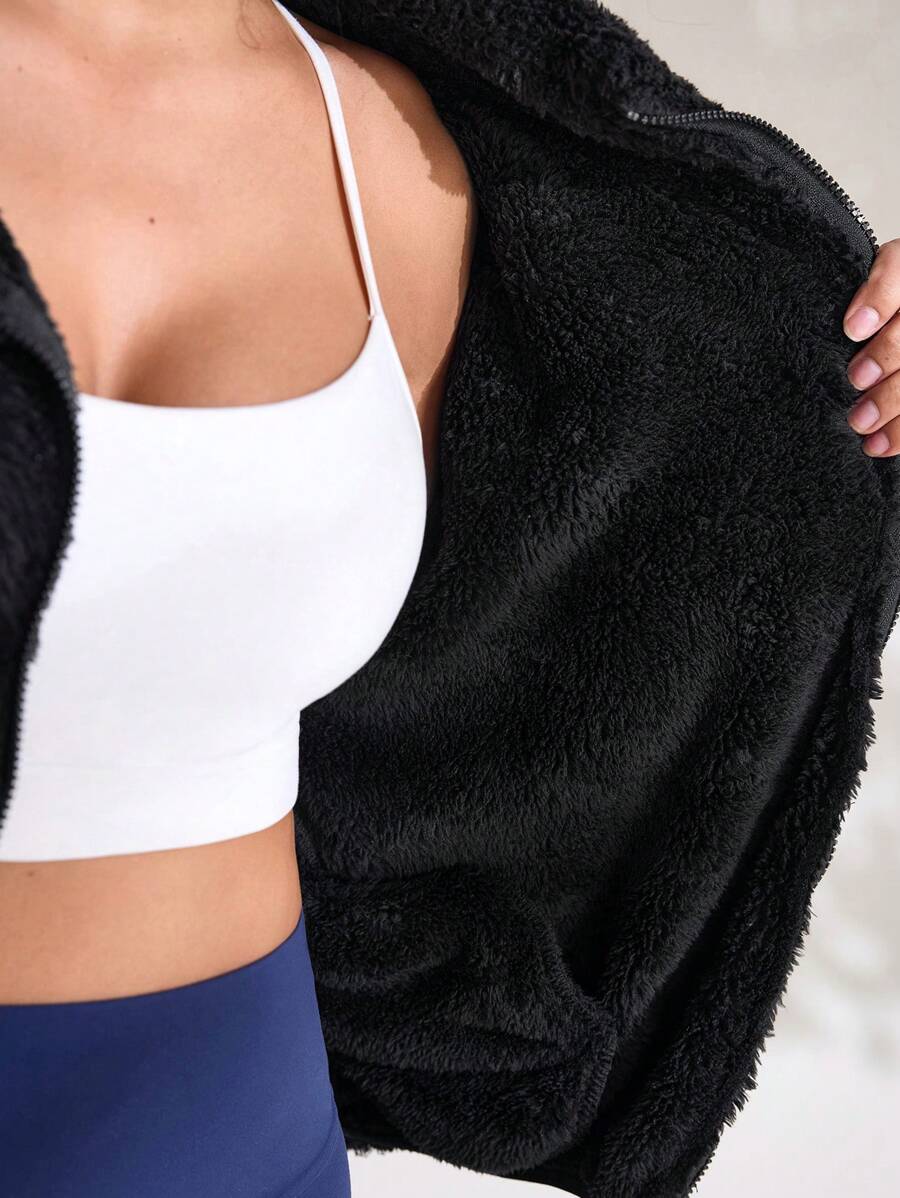 SHEIN Sports Giacca corta in pile di corallo, maglione reversibile in pile con cappuccio per coppie, invernale caldo e imbottito