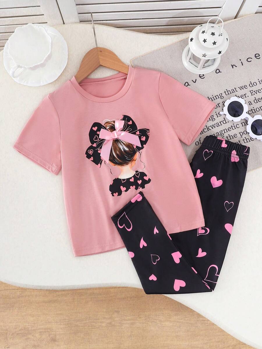 Young Girl Ramadan Butterfly Top Summer Outfit, Pink Cute & Lively T-Shirt With 3D Butterfly Decor, Paired With Black Leggings, Elegant & Valentine's Day Heart Pattern, Suitable For Indoor & Outdoor