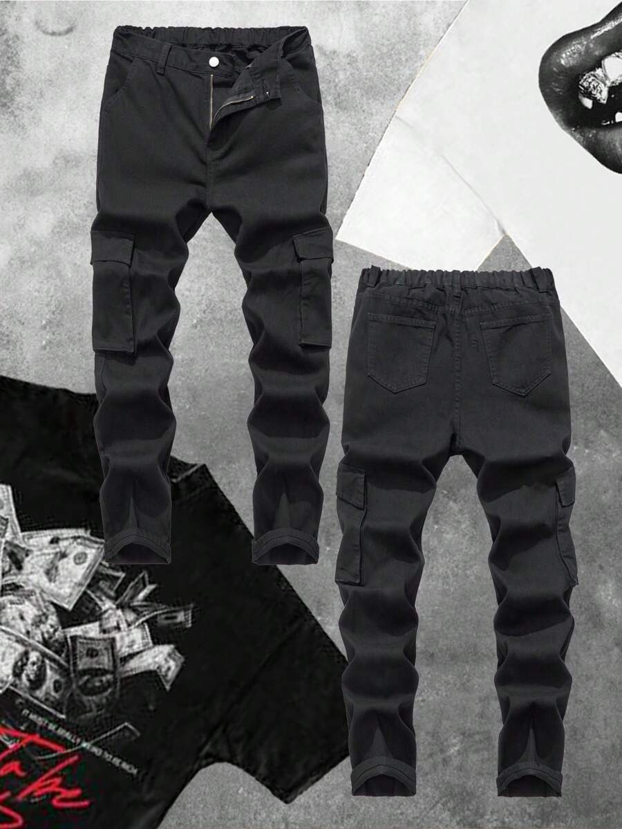 SHEIN Teen Boy Casual Fashion Black Cargo Pocket Design Loose Straight Leg Boys Jeans For Dailywear And Boys Outfits Fall Clothes