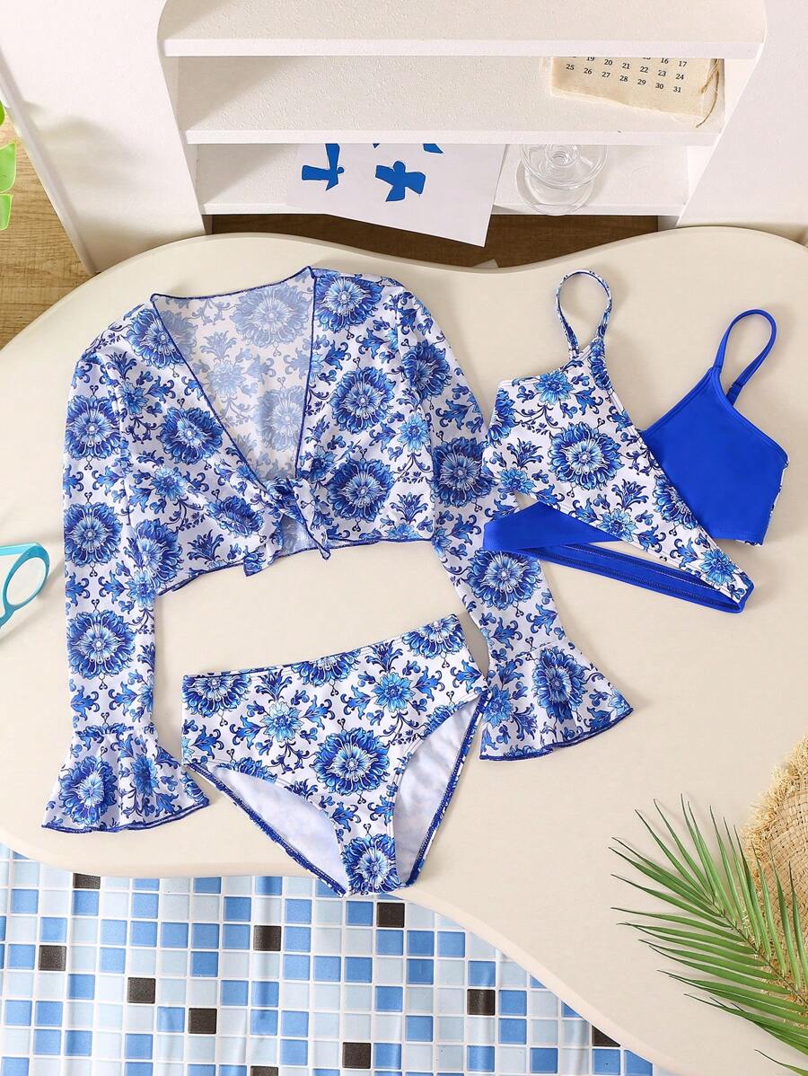 3 stuks/set badkleding voor meisjes, mesh top met vintage porseleinen bloemenprint
