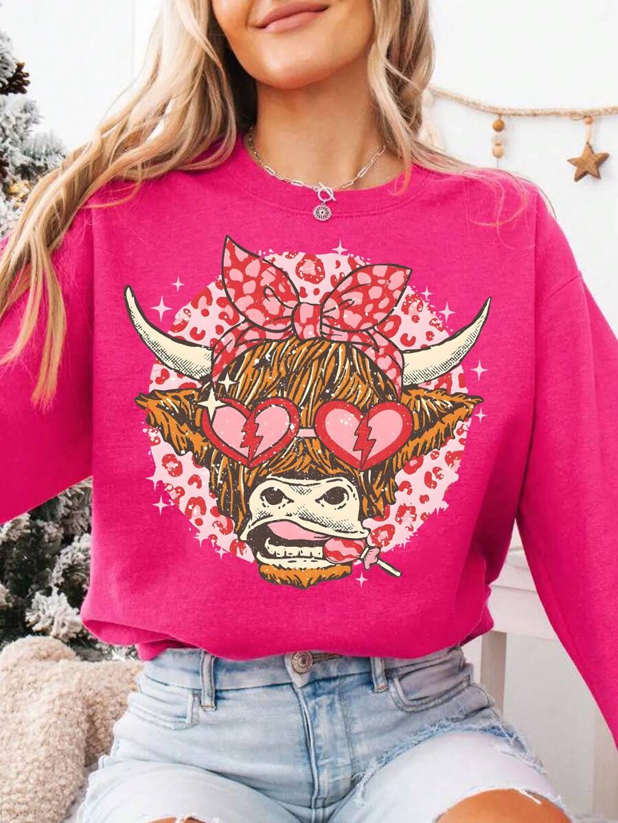 INAWLY Sudadera casual con cuello redondo para mujer con gráfico de cabeza de toro y corazón para el Día de San Valentín