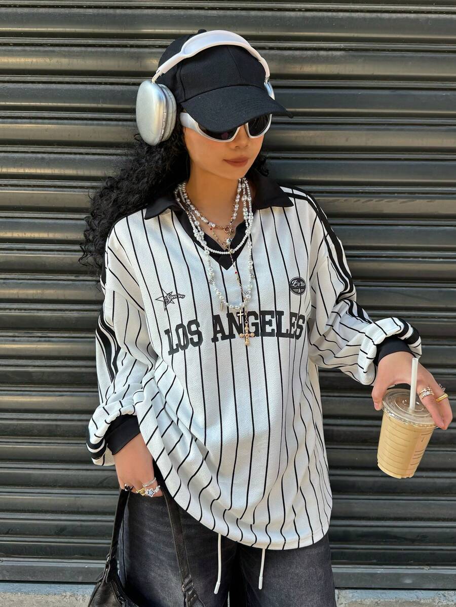 SHEIN EZwear Women's New Striped Letter & Number Print T-Shirt, Sporty Style