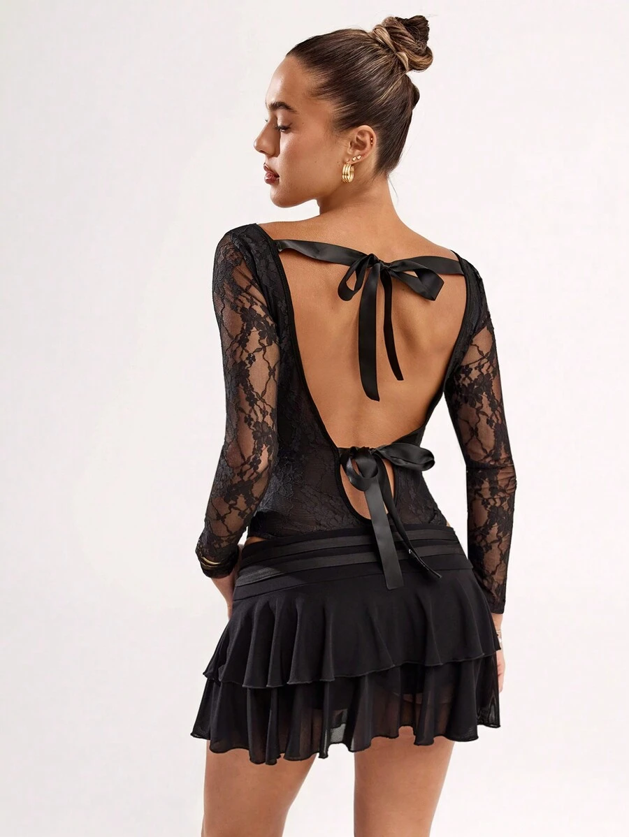 SHEIN BAE Women's Clothing Elegant Daily Street One-Shoulder Back Ribbon Tie Bow Decoration Daily Travel Lace Bodysuit Valentine's Day Women's Clothing Spring And Summer Nightclub Women's Clothing Sexy Spring Clothing Beach Vacation Wear