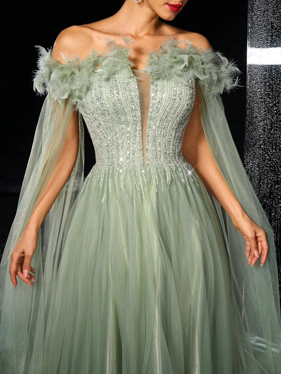 Glamrae Elegant Luxurious Off Shoulder Fluffy Dress With Embroidered Sequin Mesh Overlay, Suitable For Wedding, Party, Gala, Evening Occasion, Wedding Guest Dress, Formal Dress,Gown